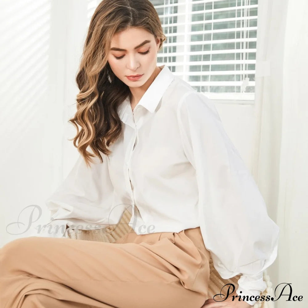 Blouse Lantern Women’s White Sleeves Button Up With Vintage Black