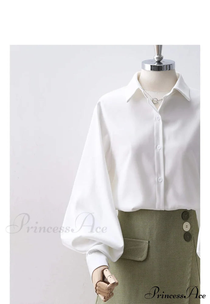 Blouse Lantern Women’s White Sleeves Button Up With Vintage Black
