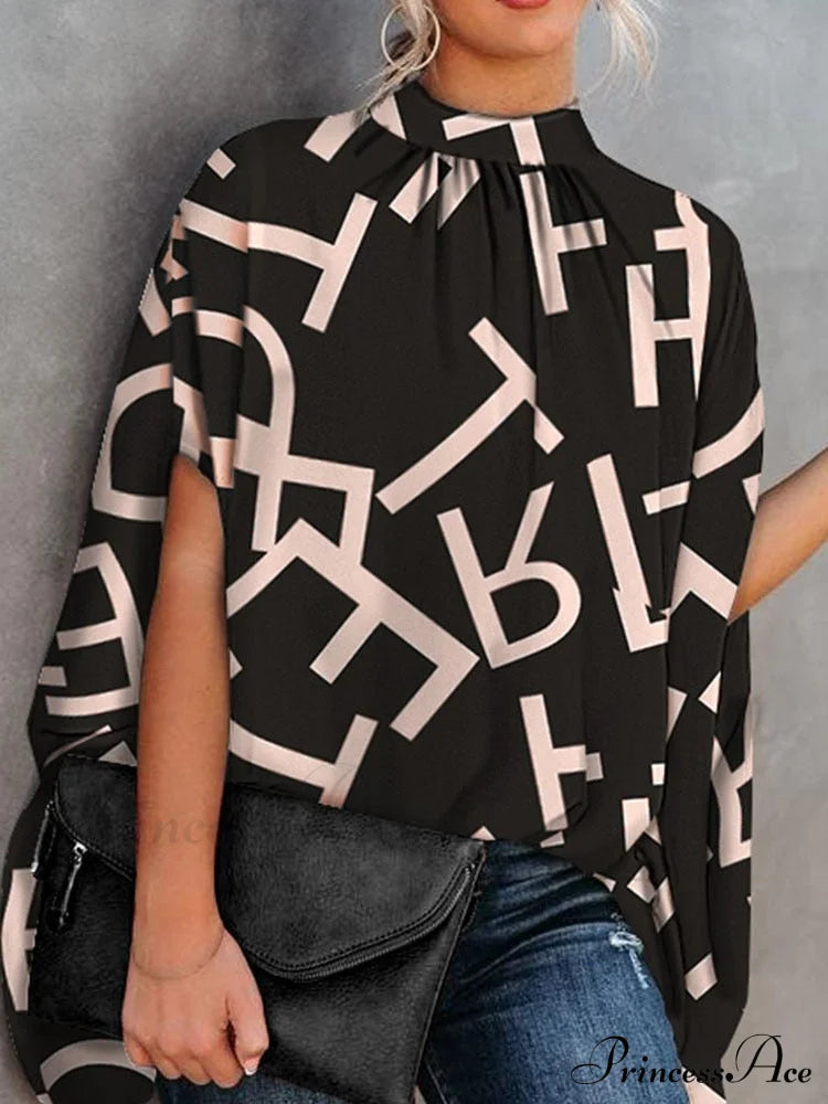 Blouse Loose Top Femme Arm Casual Design Women Warm-Season Fashion Brief Elegant Black Letter / S