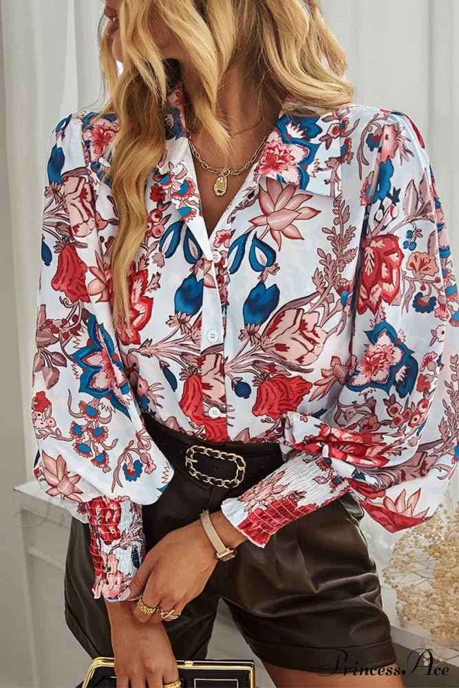 Blouse Neckline Flowered Bohemian Button-Up Top Tops/Blouses & Shirts