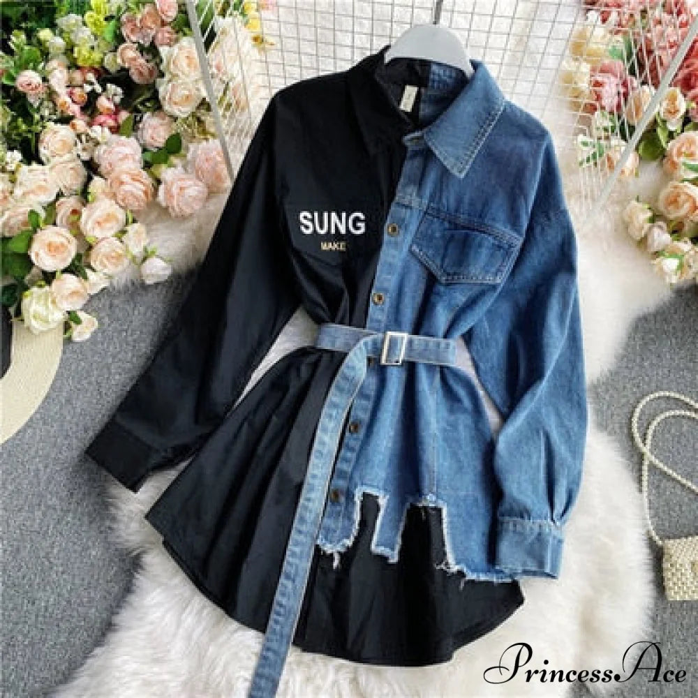 Blouse Patchwork - Plaid Jeans Long Women’s With Autumn Arm Elegant Design Slim Dress Black / One