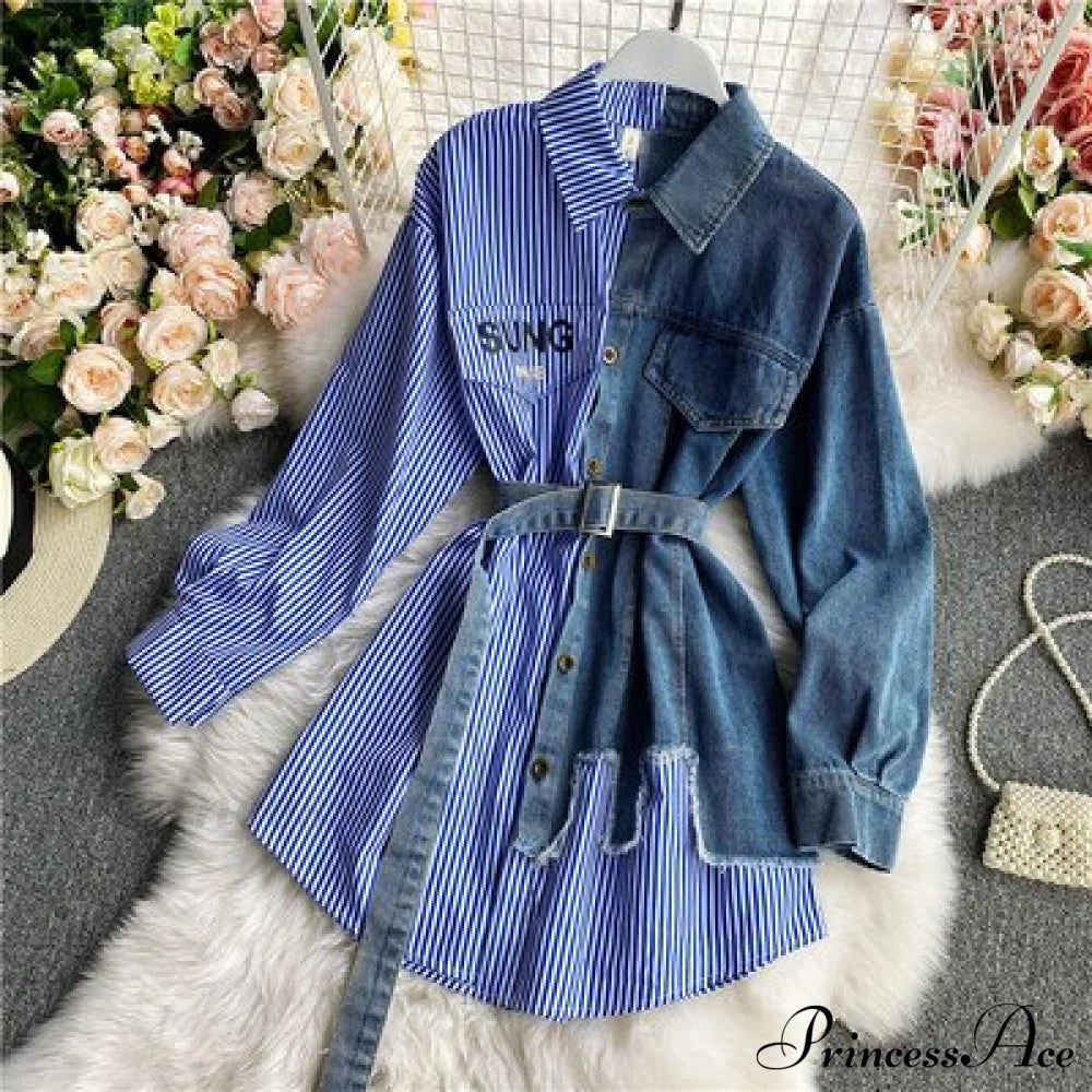 Blouse Patchwork - Plaid Jeans Long Women’s With Autumn Arm Elegant Design Slim Dress Blue / One
