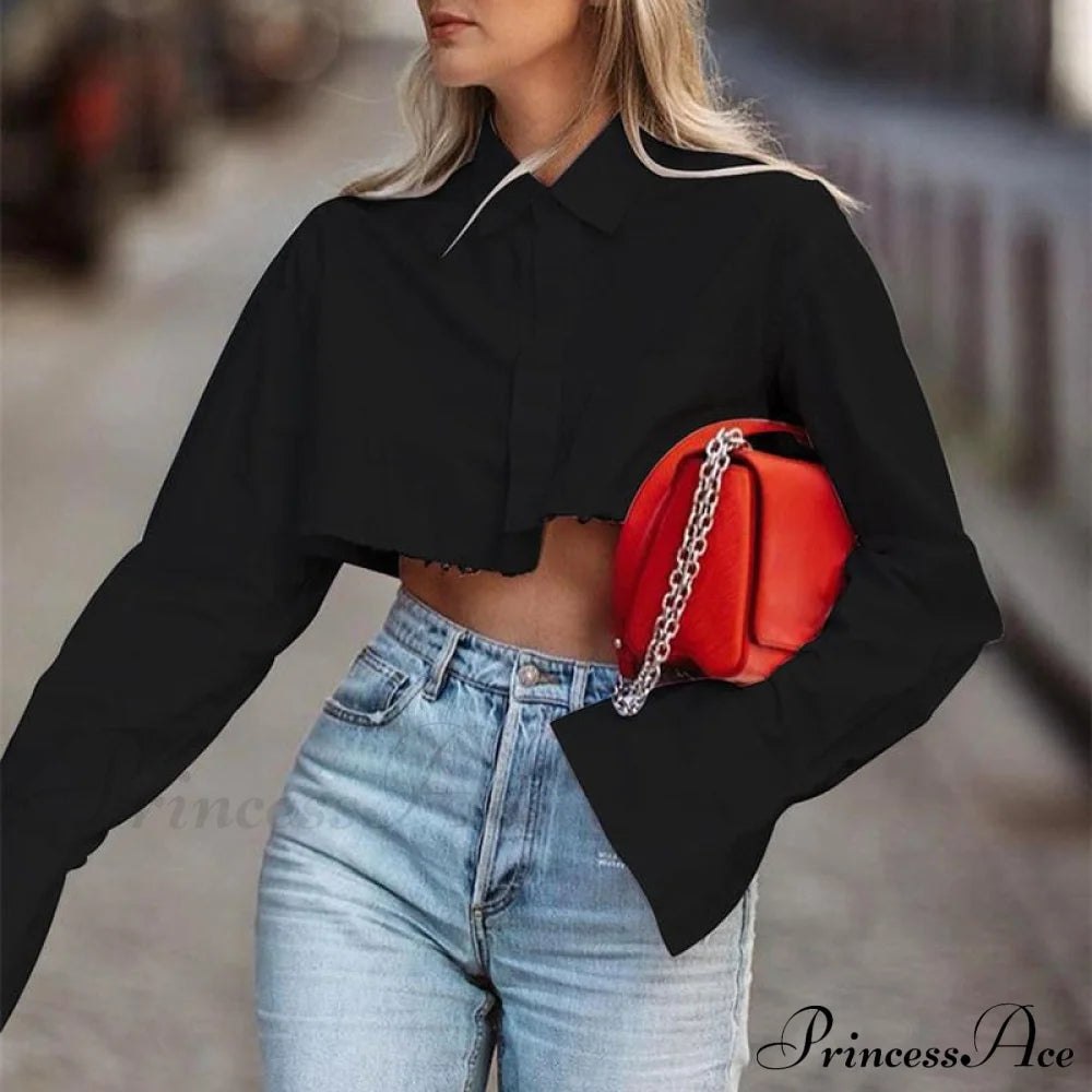 Blouse Shirts Women Neckline Solid Color Long Oversized Arm Tassel For Crop Lapel Top Female