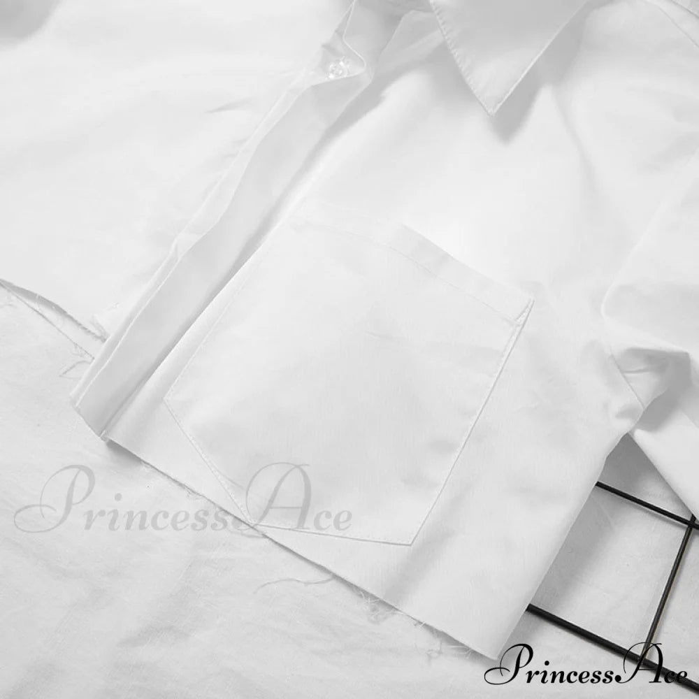 Blouse Shirts Women Neckline Solid Color Long Oversized Arm Tassel For Crop Lapel Top Female