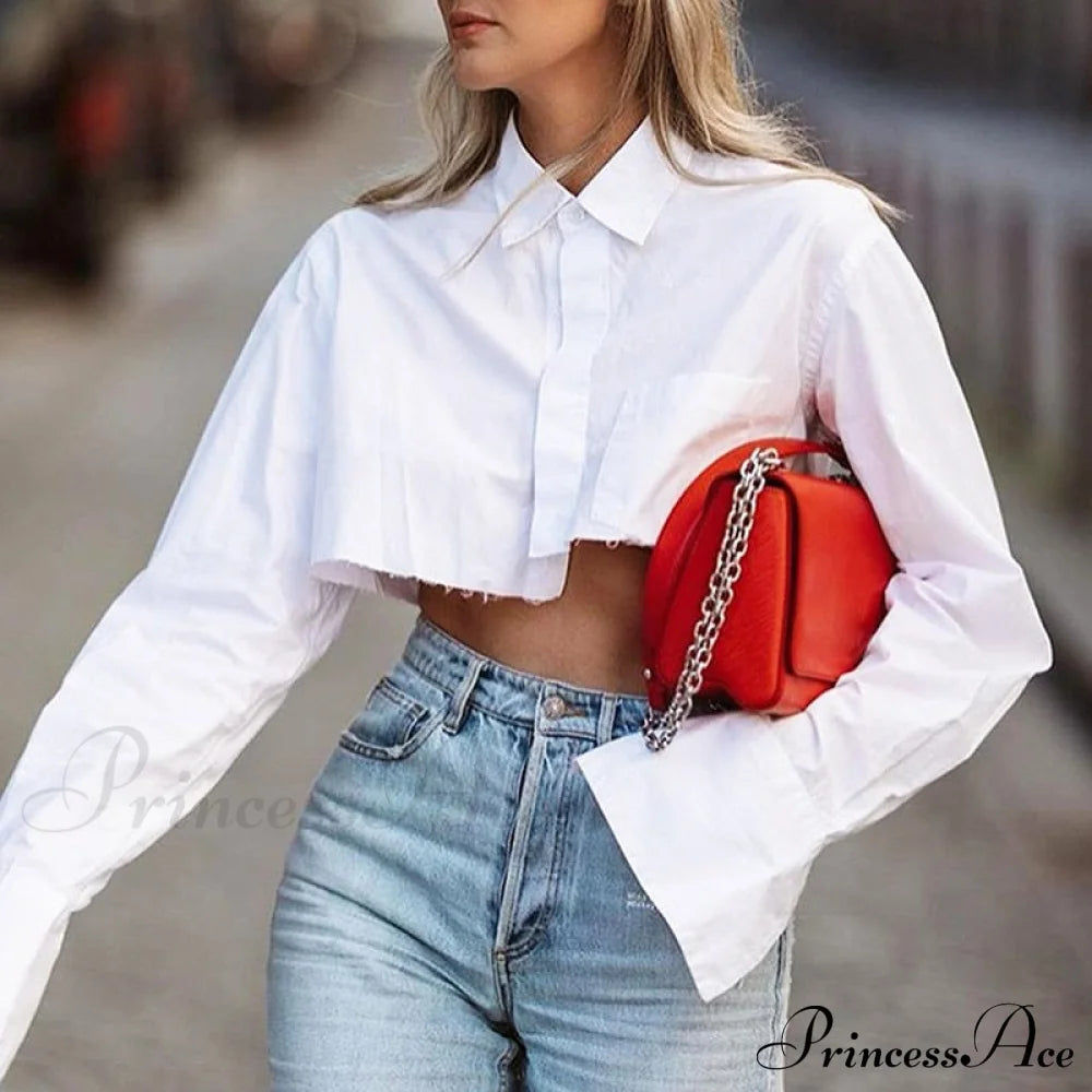 Blouse Shirts Women Neckline Solid Color Long Oversized Arm Tassel For Crop Lapel Top Female White