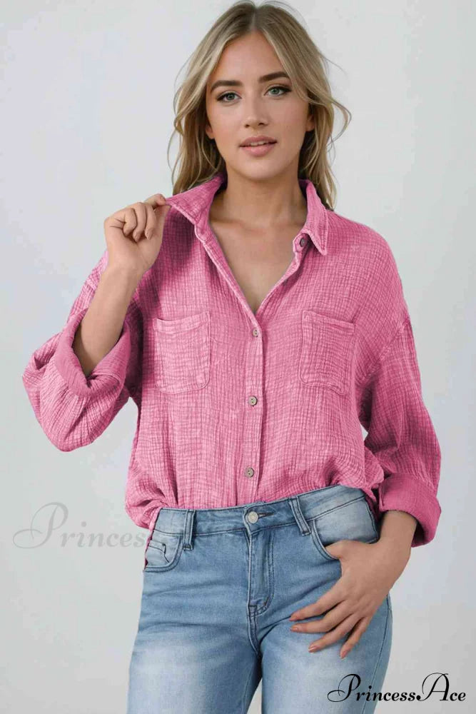 Textured Button Down Shirt Carnation Pink button down shirt clothes Ship From Overseas shirt SYNZ top