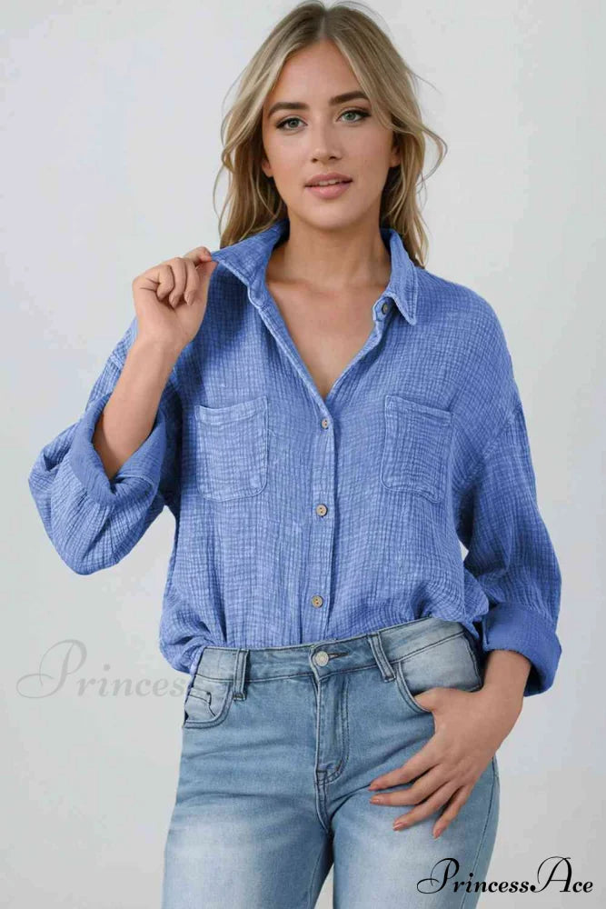 Textured Button Down Shirt Dusty Blue button down shirt clothes Ship From Overseas shirt SYNZ top