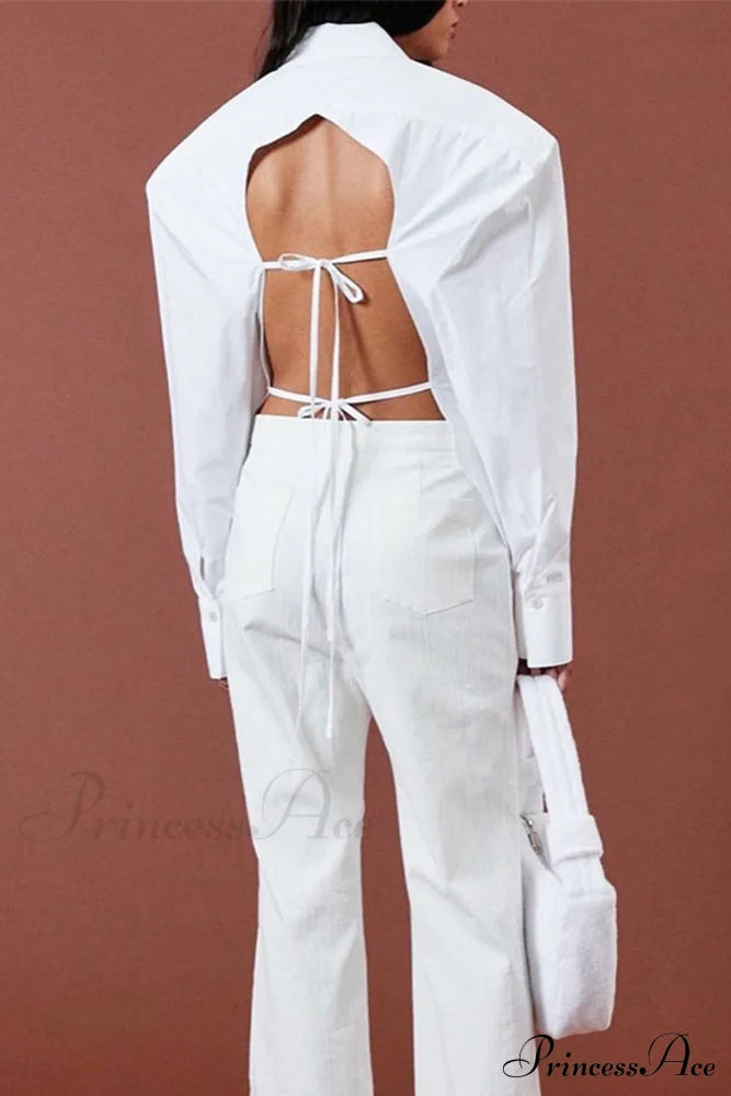 Blouse White Arm Shoulder Long Backless With Up Lace Pads Blouses