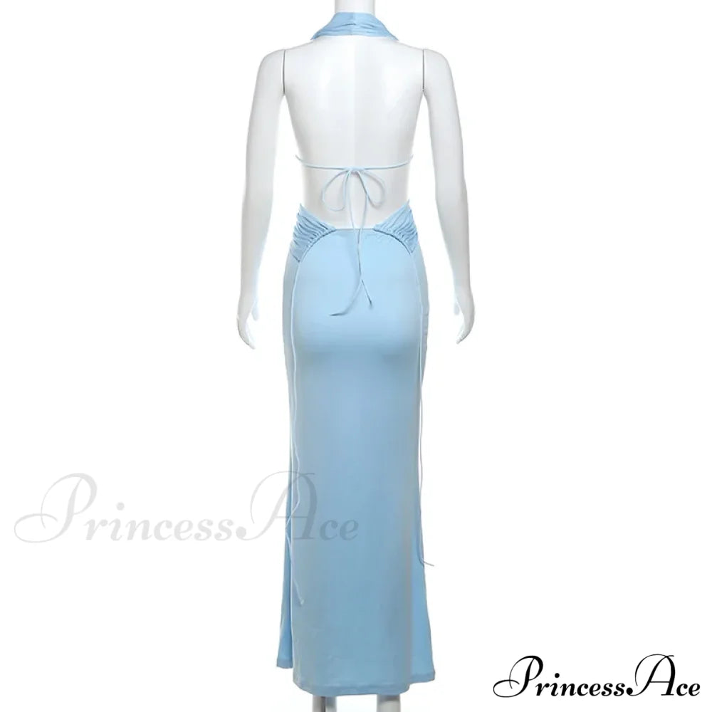 Blue Deep Slit Charming Neck Pleated Maxi Dress Long
