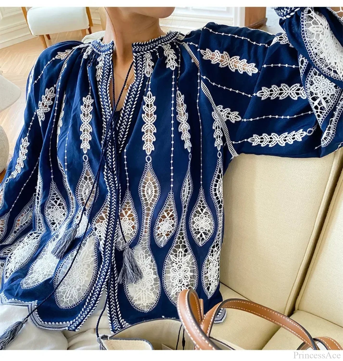 Blue Embroidery Lantern Sleeve Ethnic Boho Blouse