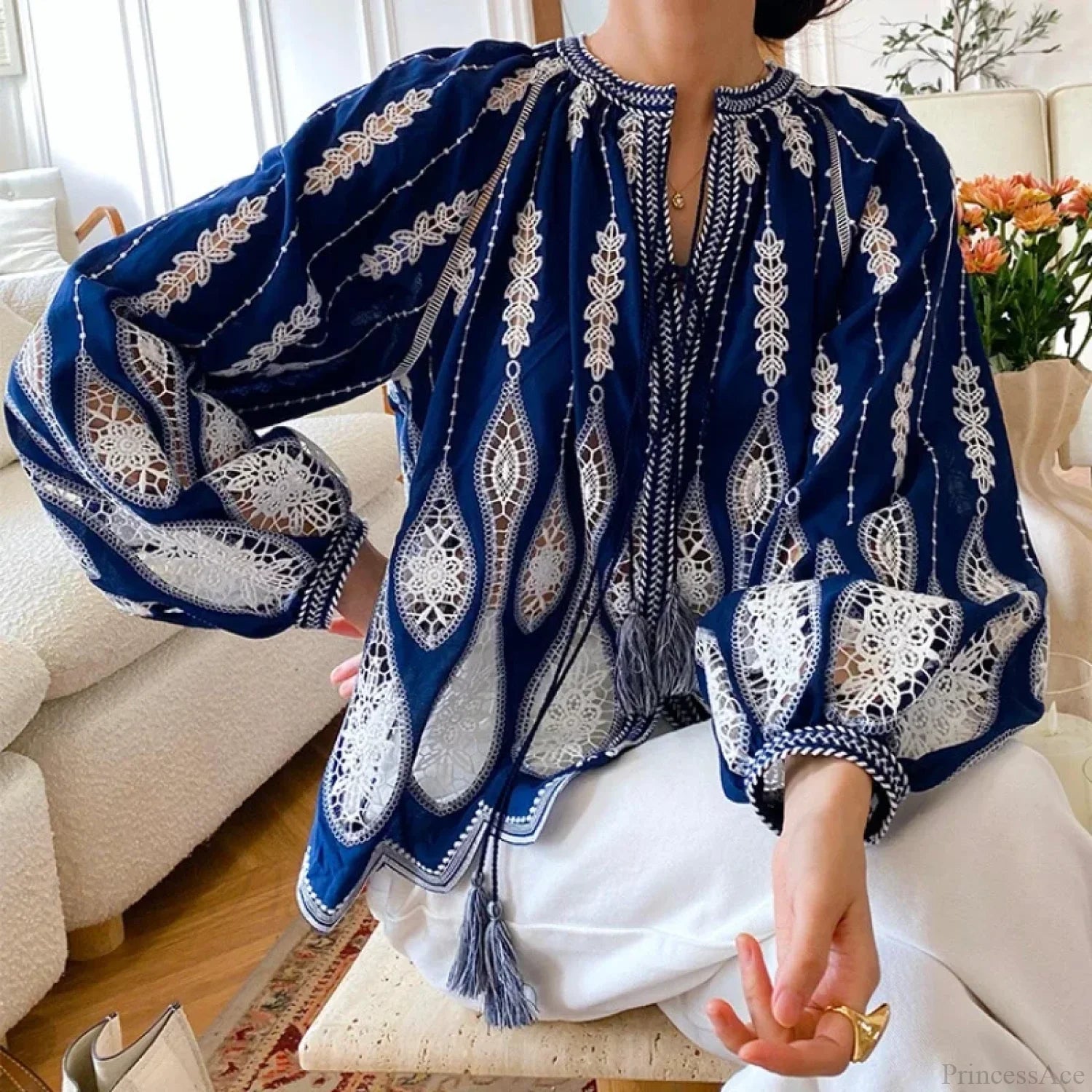 Blue Embroidery Lantern Sleeve Ethnic Boho Blouse