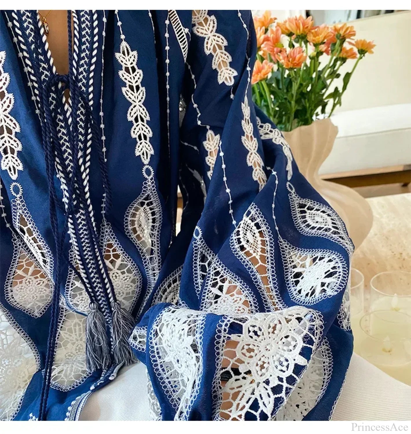 Blue Embroidery Lantern Sleeve Ethnic Boho Blouse