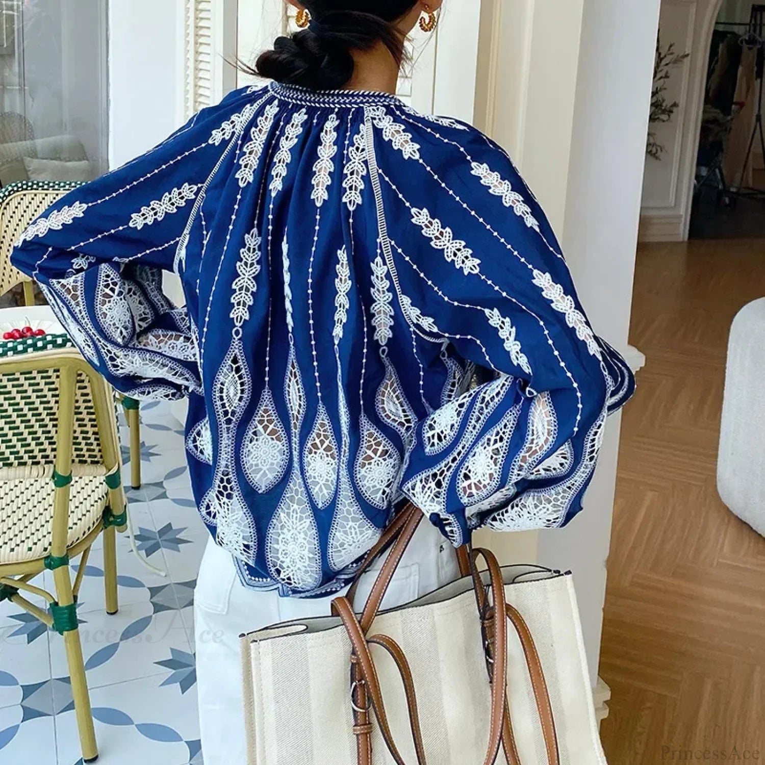 Blue Embroidery Lantern Sleeve Ethnic Boho Blouse