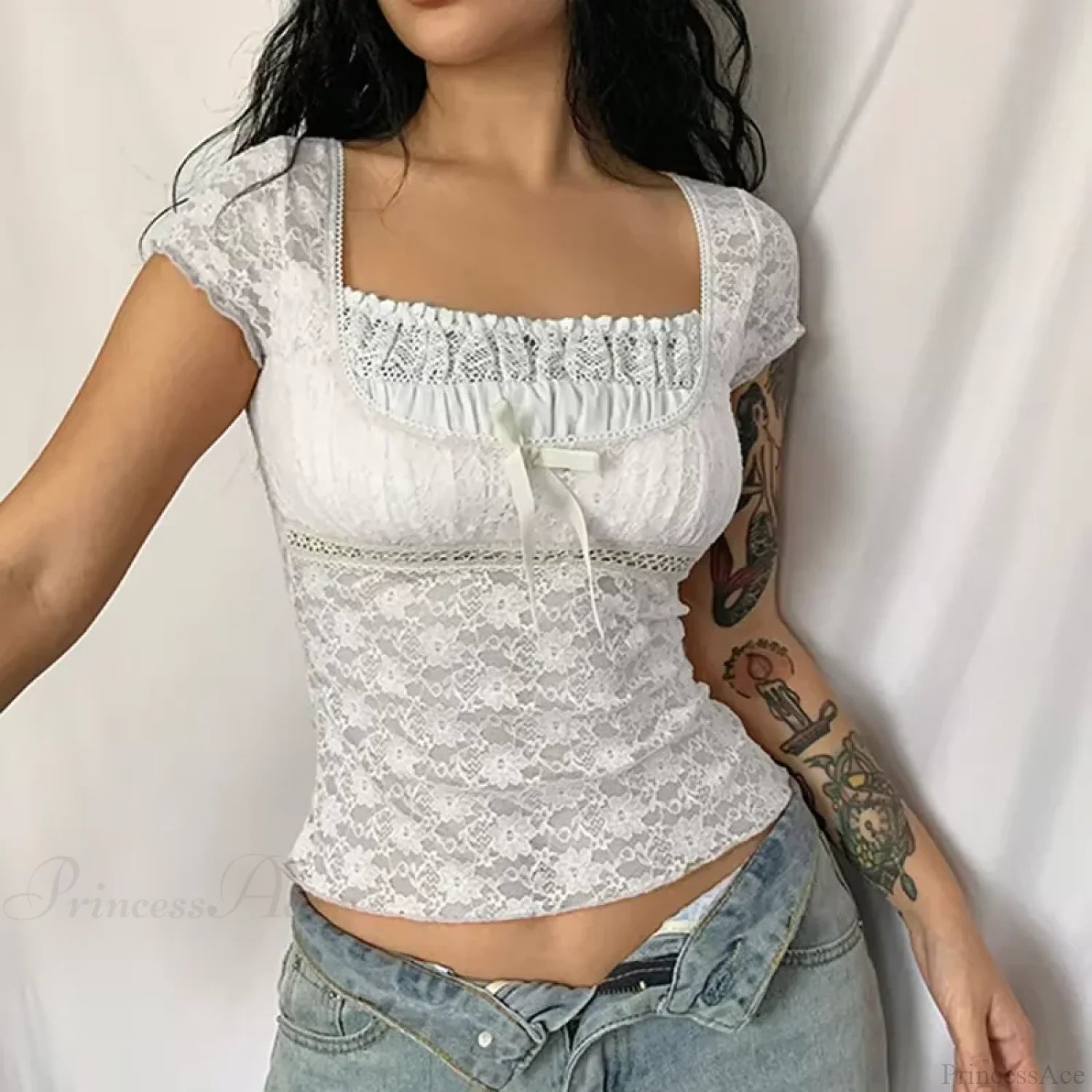 Blue Floral Lace Milkmaid Y2K Crop Top WHITE1 / S croptop-250126