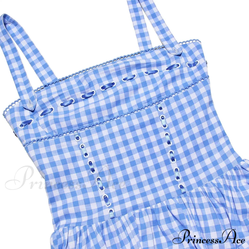 Blue Gingham Stylish Strap Midi Dress