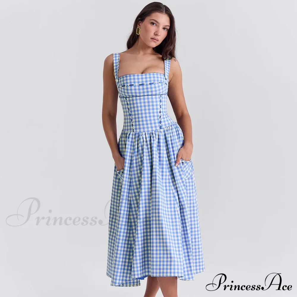 Blue Gingham Stylish Strap Midi Dress