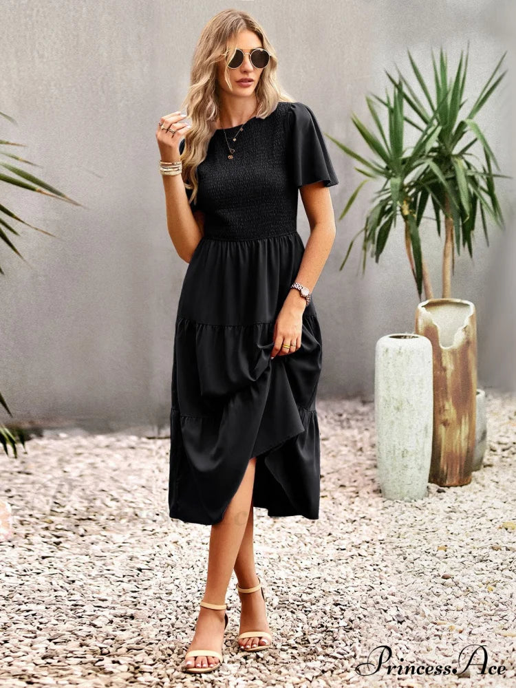 Blue Green Puff Sleeve Smocked Ruffle Tiered Midi Dress S / Blue Maxi Midi Dress