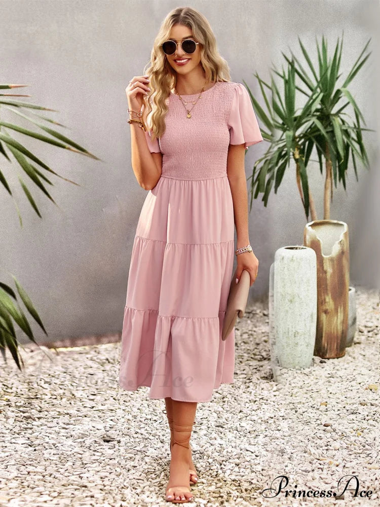 Blue Green Puff Sleeve Smocked Ruffle Tiered Midi Dress S / Pink Blue Maxi Midi Dress