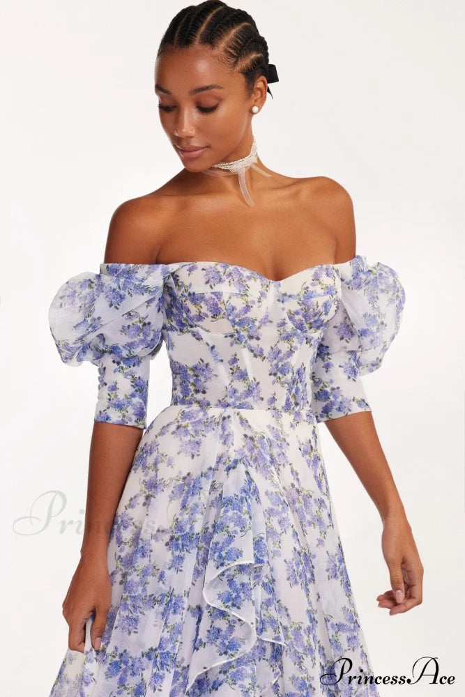 Blue Hydrangea Stylish Maxi Princess Dress