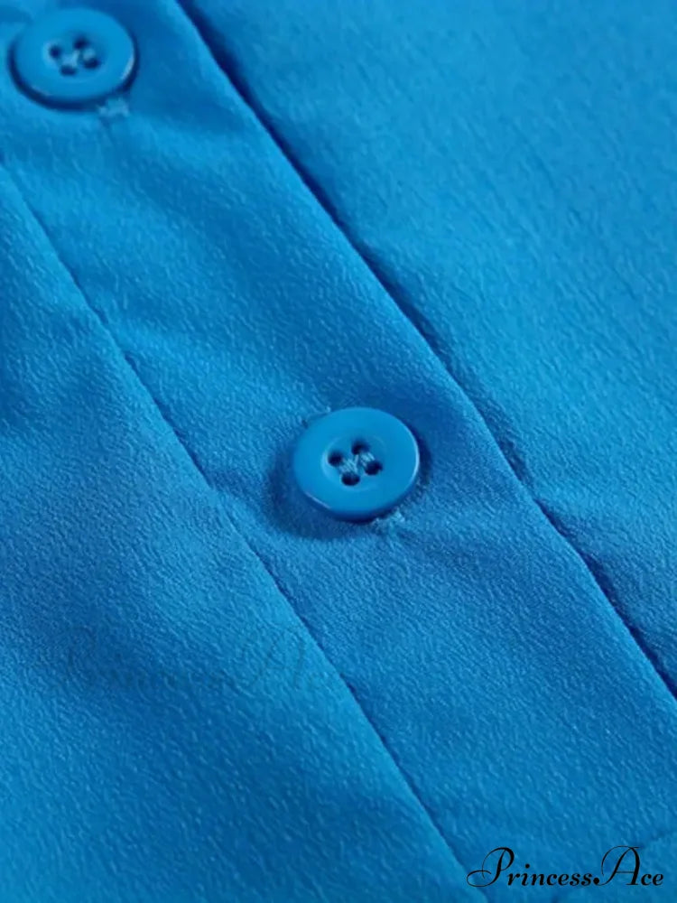 Blue Long Sleeve Shirt Collar Dress With Tie Waist Pockets M / Black