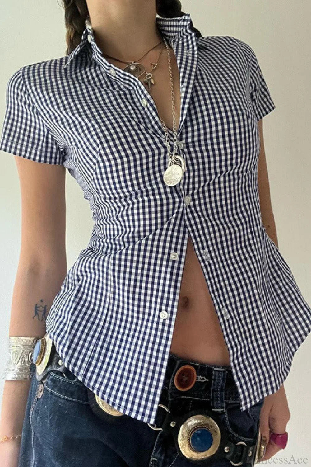 Blue Plaid Fitted Polo Collar Short Sleeve Blouse