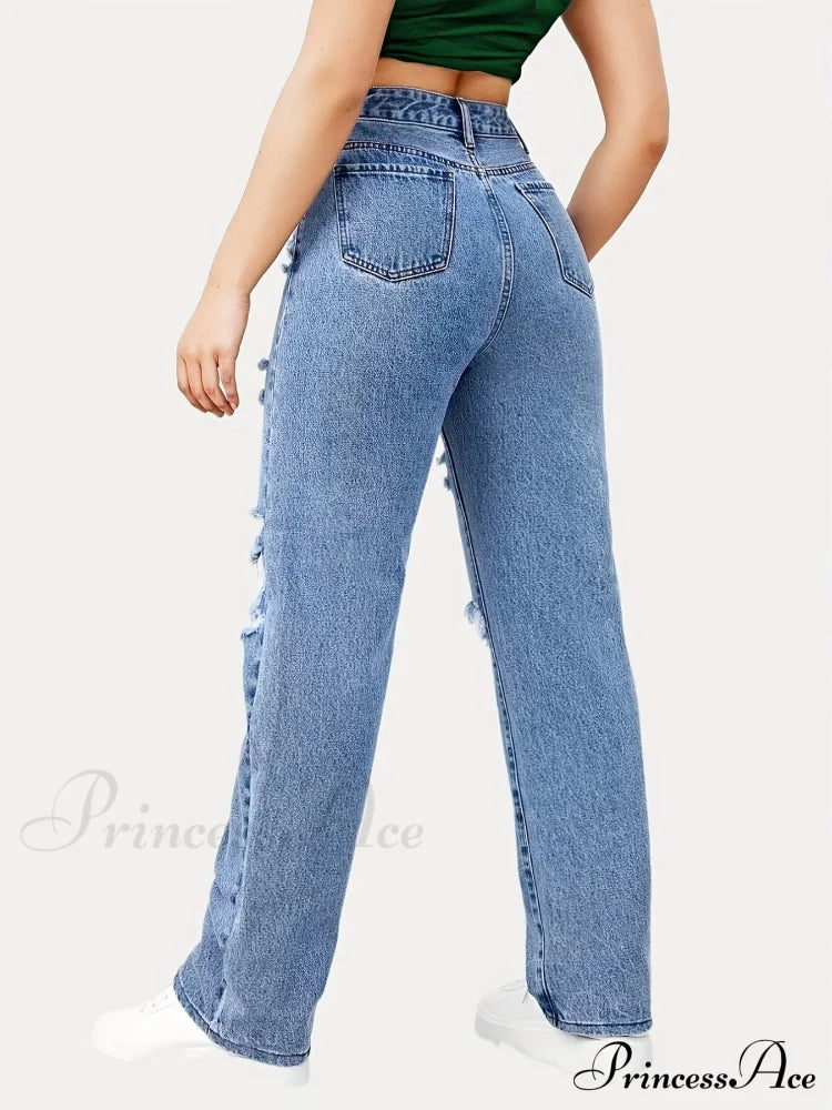 Blue Ripped Baggy Straight Slash Pockets Distressed High Waist Loose Fit Denim Jean