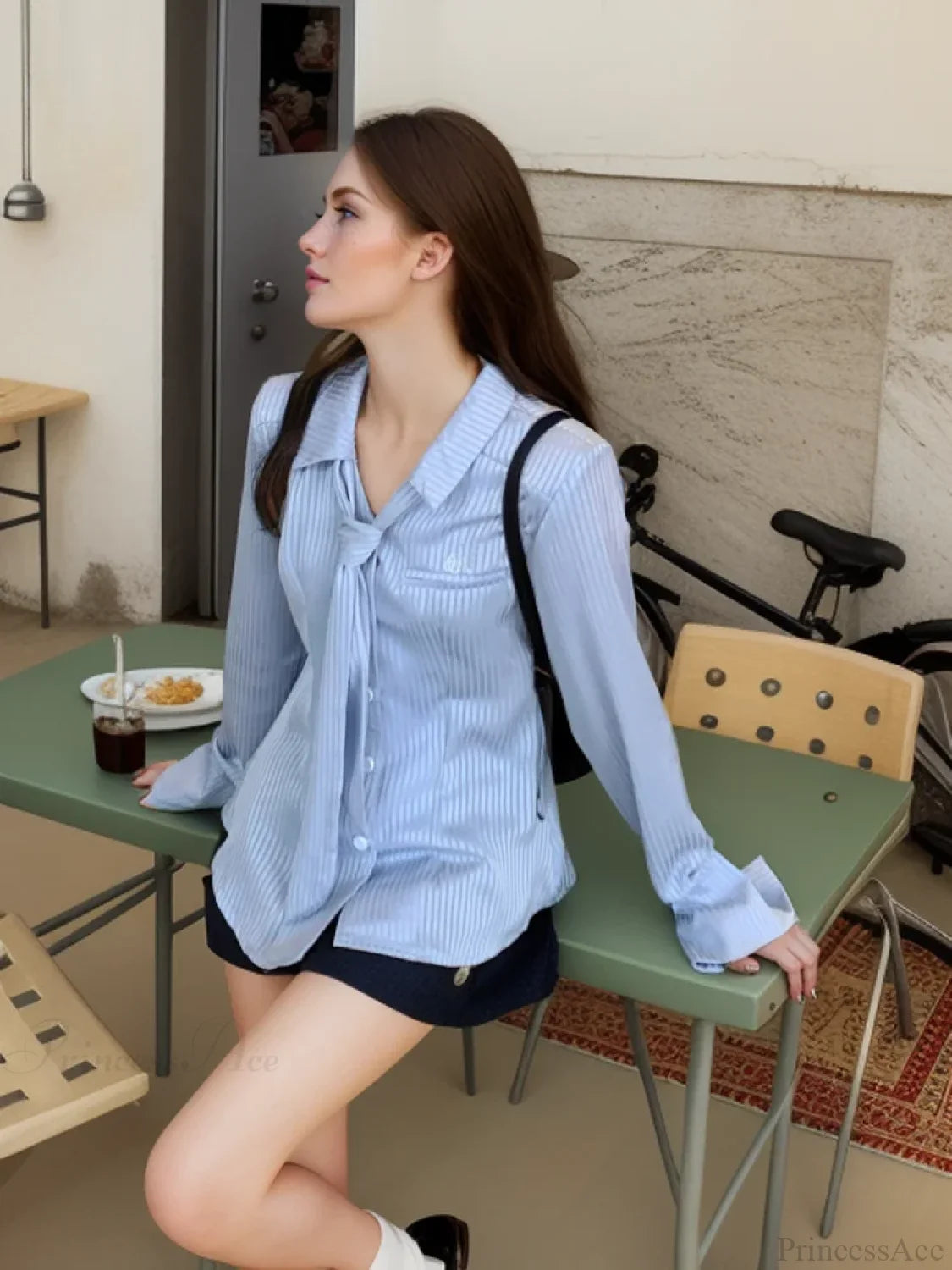 Blue Stripe Long Sleeve Necktie Blouse blouse-250223