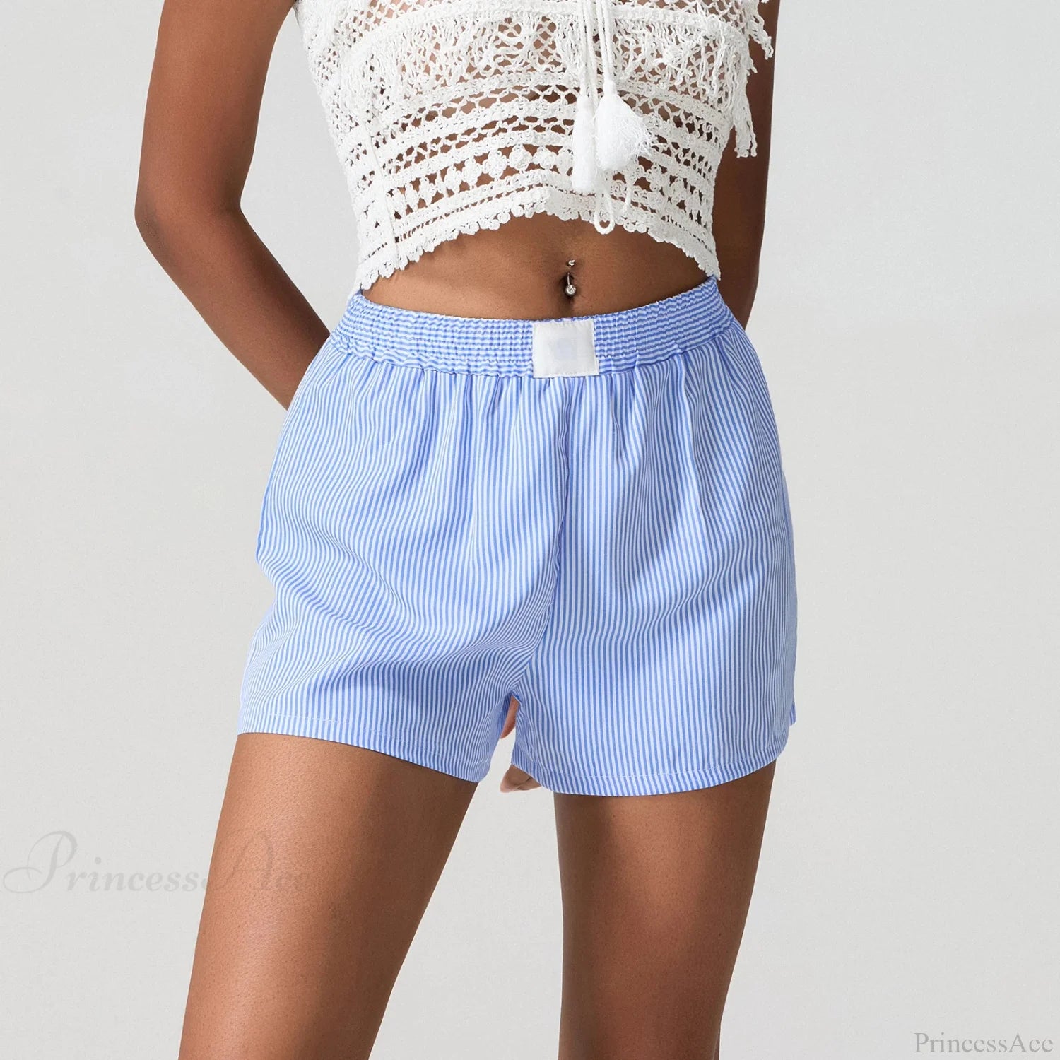 Blue Striped Loose Wide Leg Short short-250223