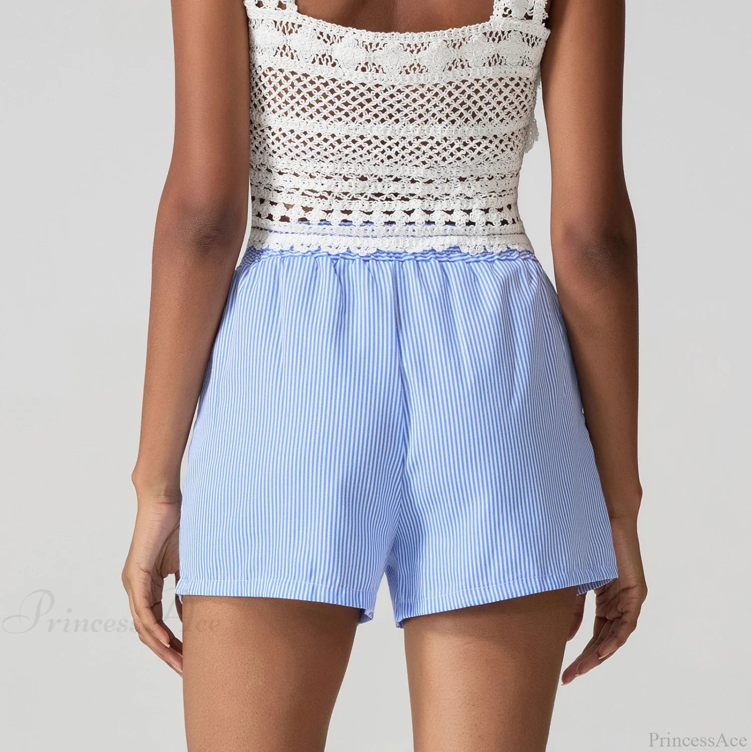 Blue Striped Loose Wide Leg Short short-250223