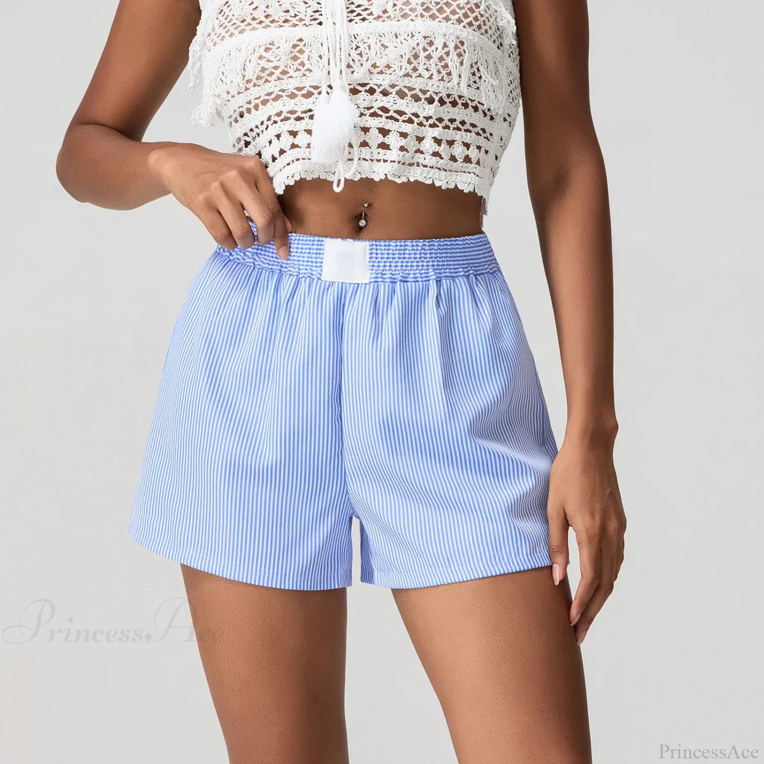 Blue Striped Loose Wide Leg Short Blue / S short-250223