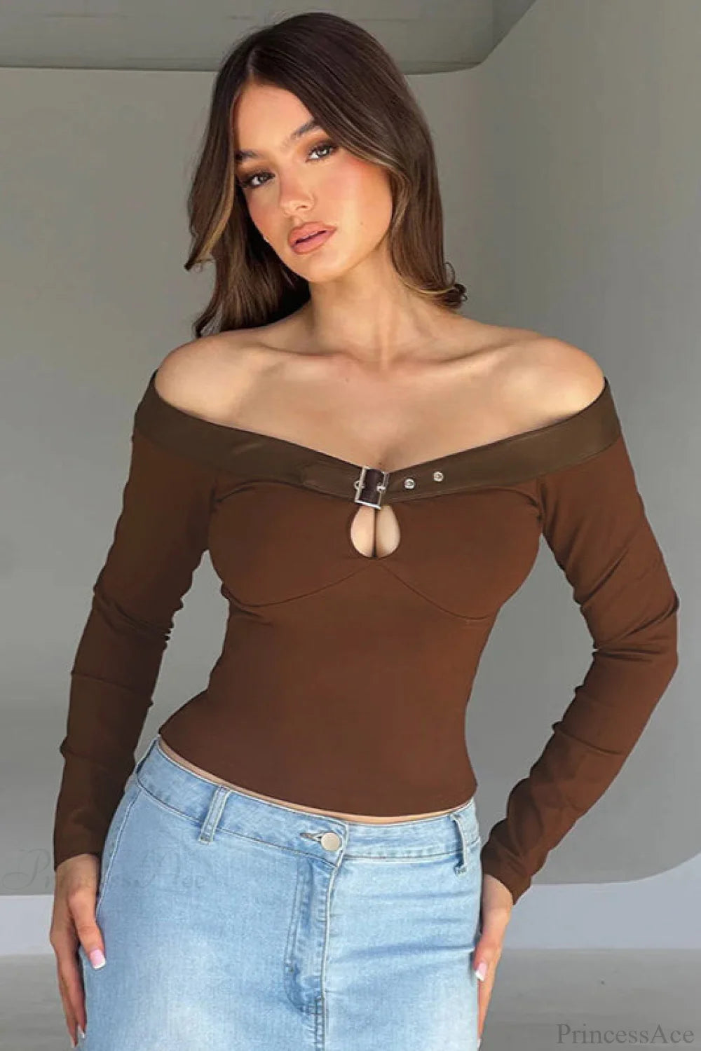Boat Neck Cutout Fitted Long Sleeve Tee Brown / S