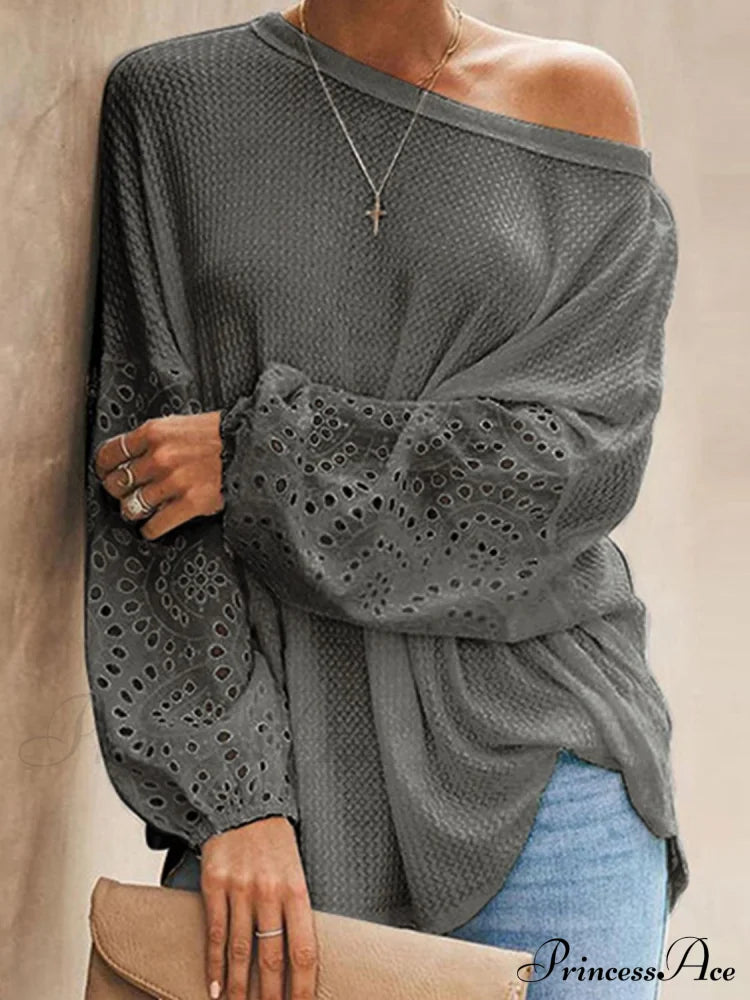 Openwork Dropped Shoulder Boat Neck Blouse Charcoal blouse clothes long sleeve shirts long sleeve top Romantichut Ship From Overseas Shipping Delay 09/29/2023 - 10/04/2023 top tops trend