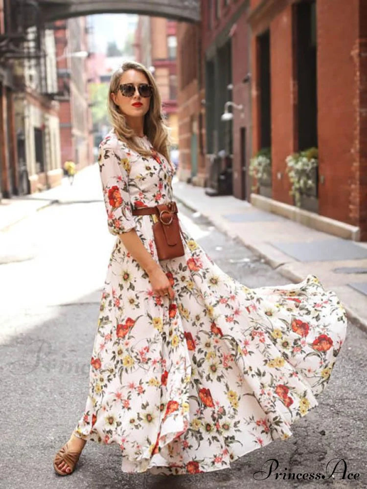 Bohemia Maxi Dress With Floral Round Neck And Half Sleeves M / Green Dresses