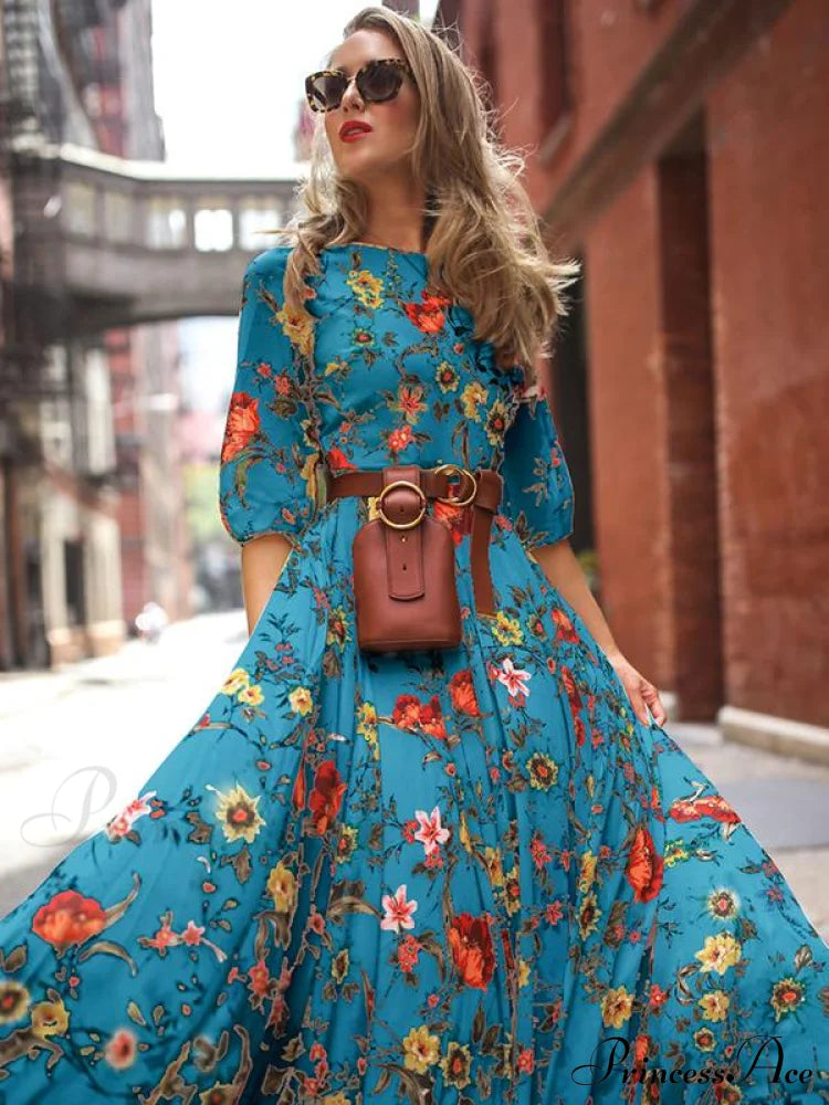 Bohemia Maxi Dress With Floral Round Neck And Half Sleeves S / Blue Dresses