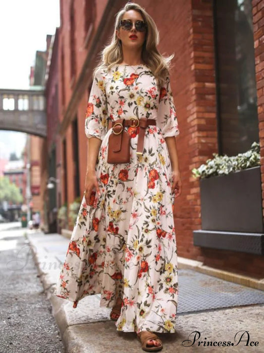 Bohemia Maxi Dress With Floral Round Neck And Half Sleeves S / White Dresses