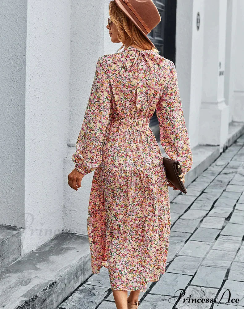 Bohemian Casual Dress With Print L / Pink Print Dress