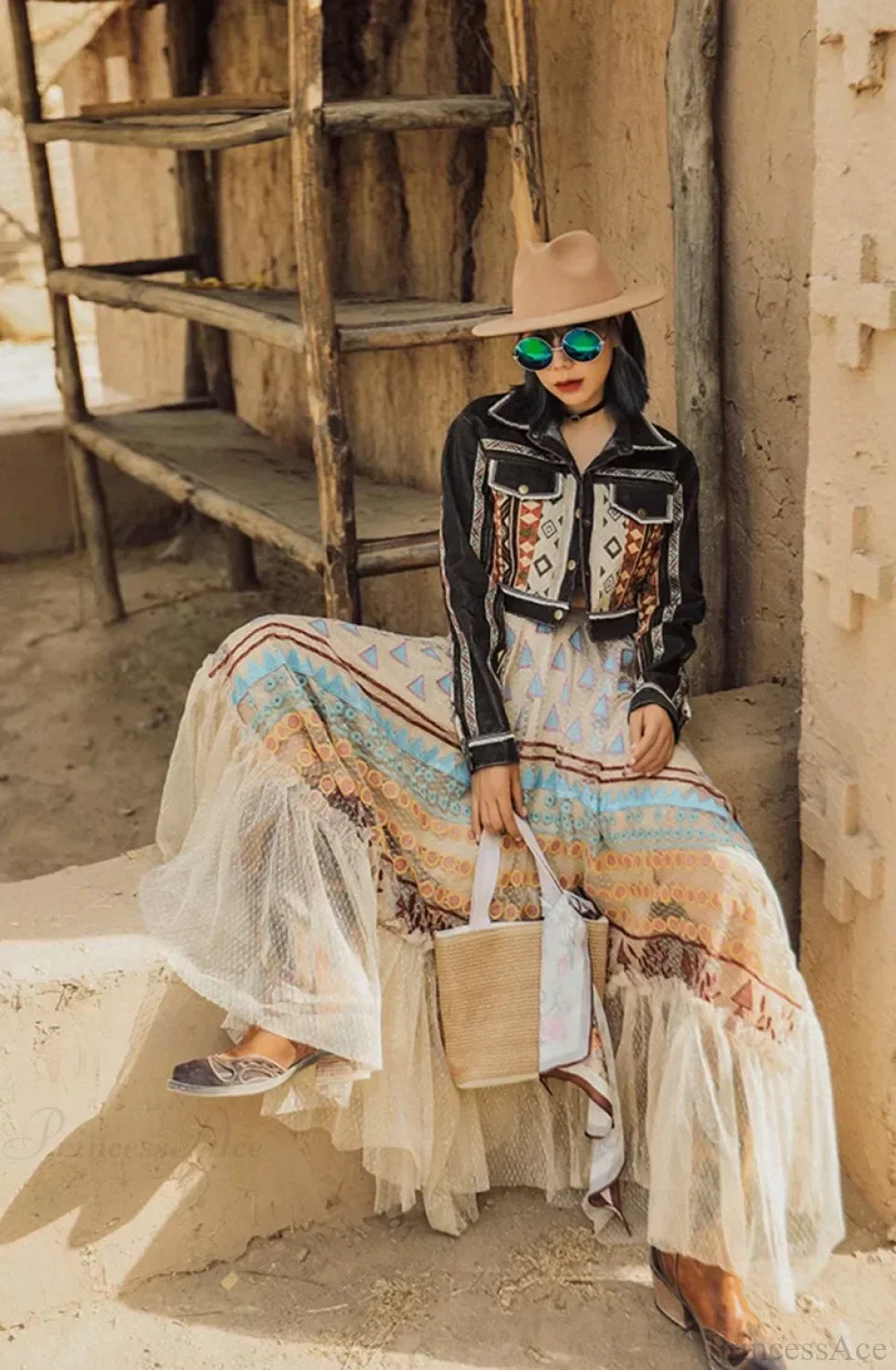 Bohemian Colorful Embroidery Lace Ruffles Asymmetrical Skirt Brown / M skirt-250126