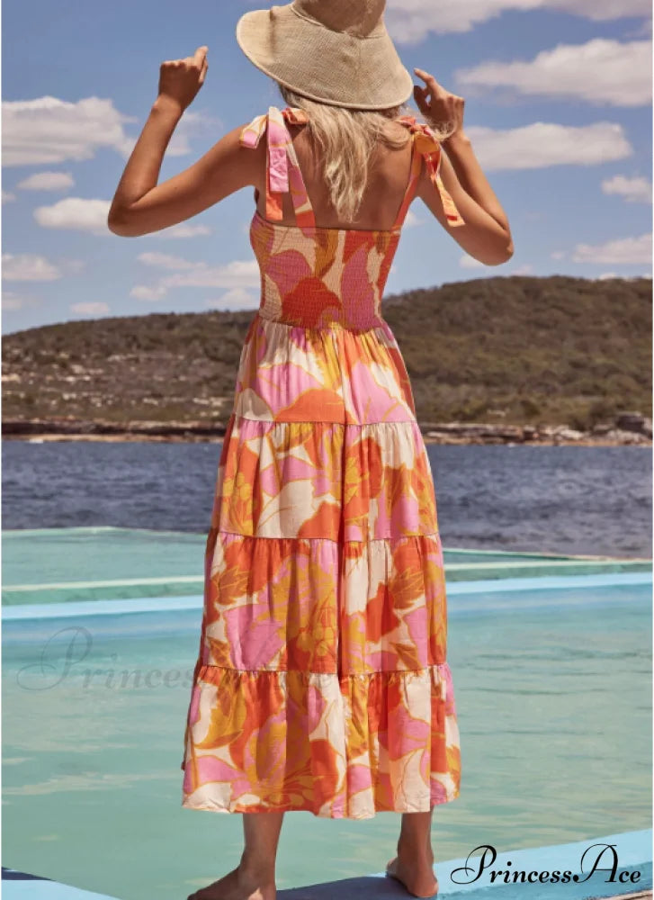 Bohemian Festive Warm-Season Elastic Gown Design With Coastal Women Tie Sundress Up Straps L /