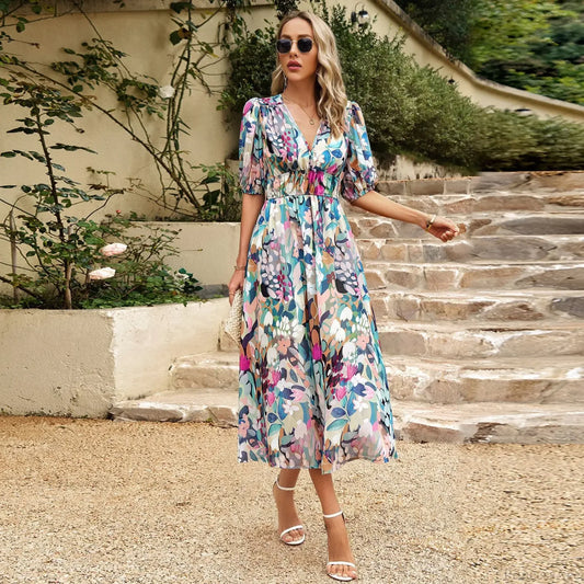 Bohemian Floral A-line Midi Floral Dress Green / S oldfloraldress-250126