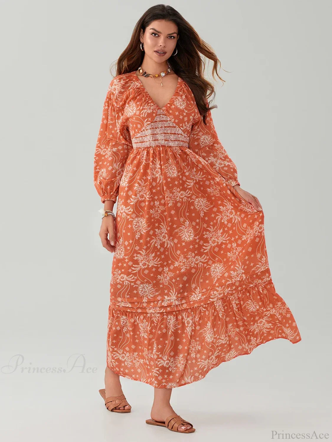 Bohemian Floral Print Puff Sleeve Swing Floral Dress floraldress-250126