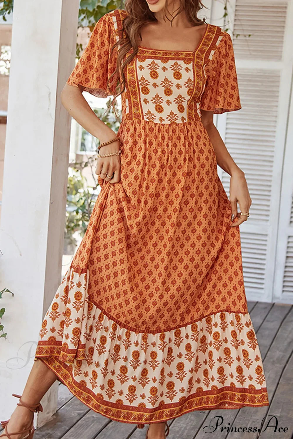 Bohemian Floral Print Ruffle Short Sleeve Women Boho Dress