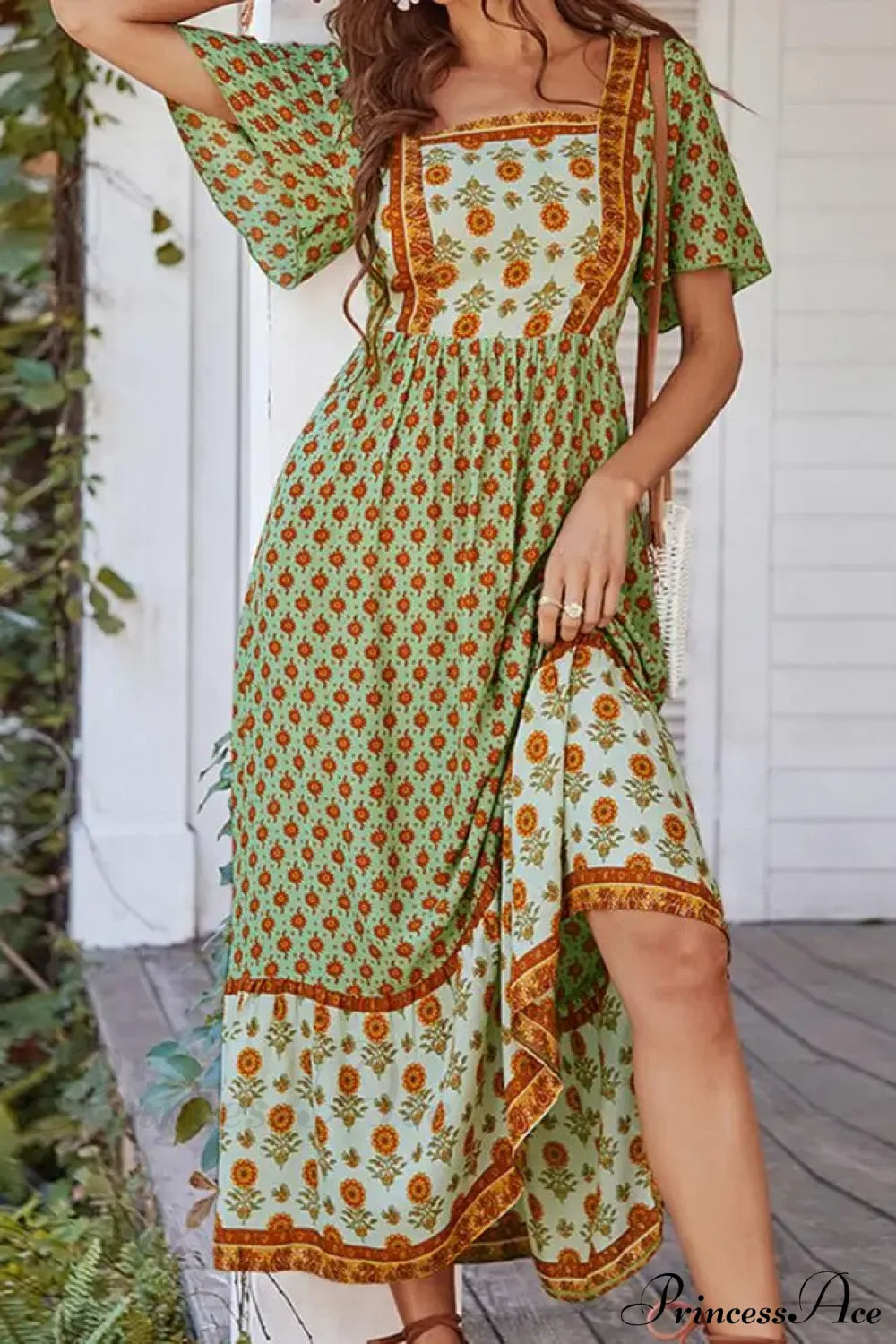 Bohemian Floral Print Ruffle Short Sleeve Women Boho Dress