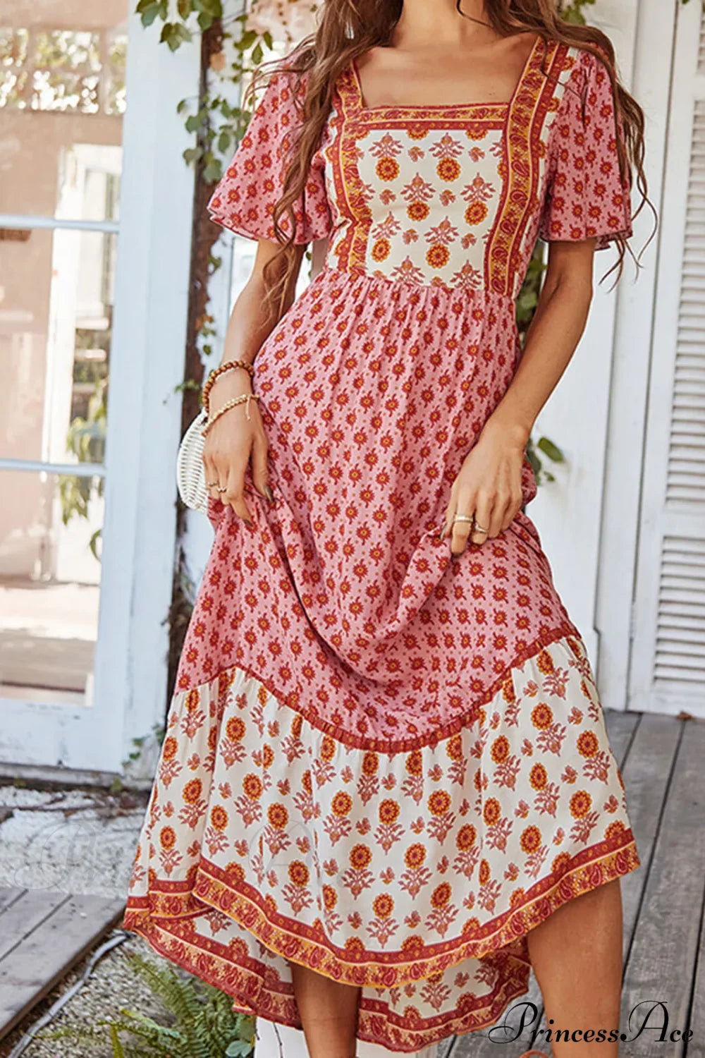 Bohemian Floral Print Ruffle Short Sleeve Women Boho Dress