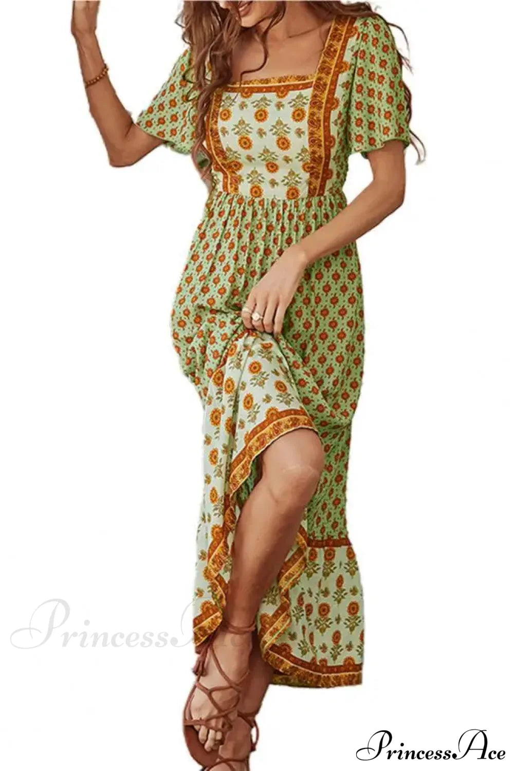 Bohemian Floral Print Ruffle Short Sleeve Women Boho Dress Green / S