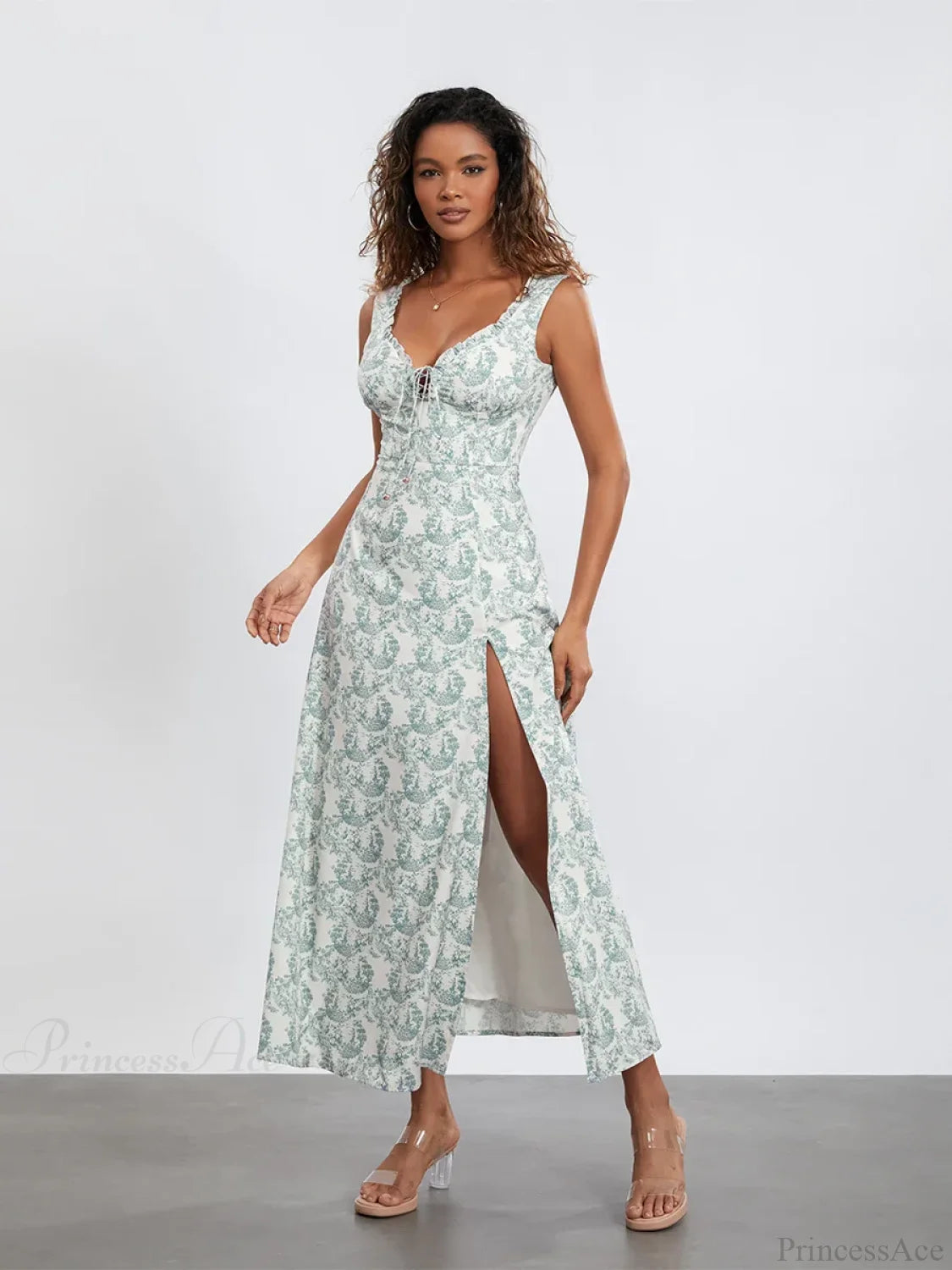 Bohemian Floral Tank Dress Sleeveless Ruffled Tie-up Sweetheart Floral Dress floraldress-250126