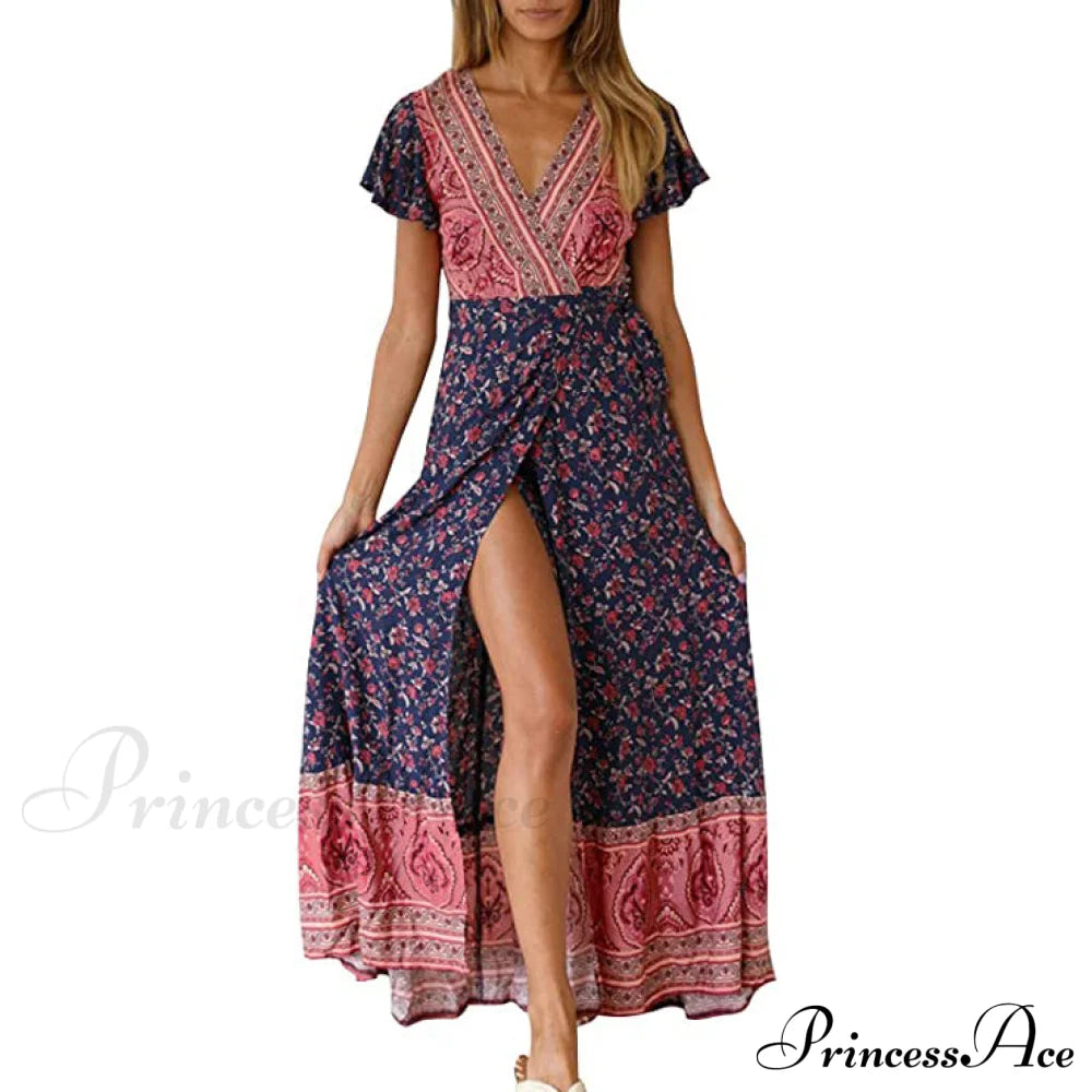 Women's Bohemian Floral Printed Wrap V Neck Maxi Dress Navy/Red __stock:200 casual dresses clothes dresses refund_fee:1200