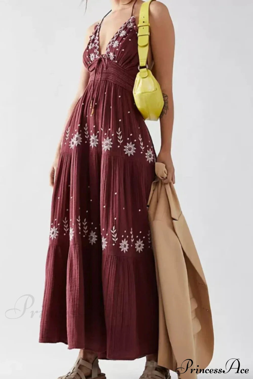 Bohemian Flower Birthday Beach Holiday Boho Dress Brown / S