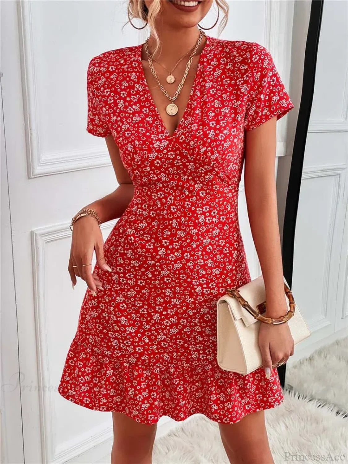 Bohemian Flower Summer Short Women Boho Dress Red / S