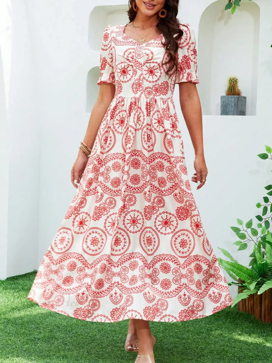 Bohemian High Waist Square Neck Floral Dress white-red / S oldfloraldress-250126