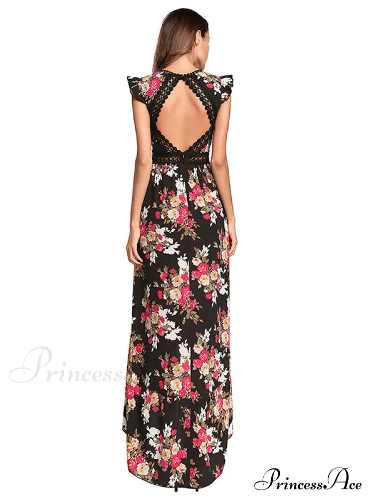 Bohemian Irregular Flowered Design V-Neck Dress M / White Dresses